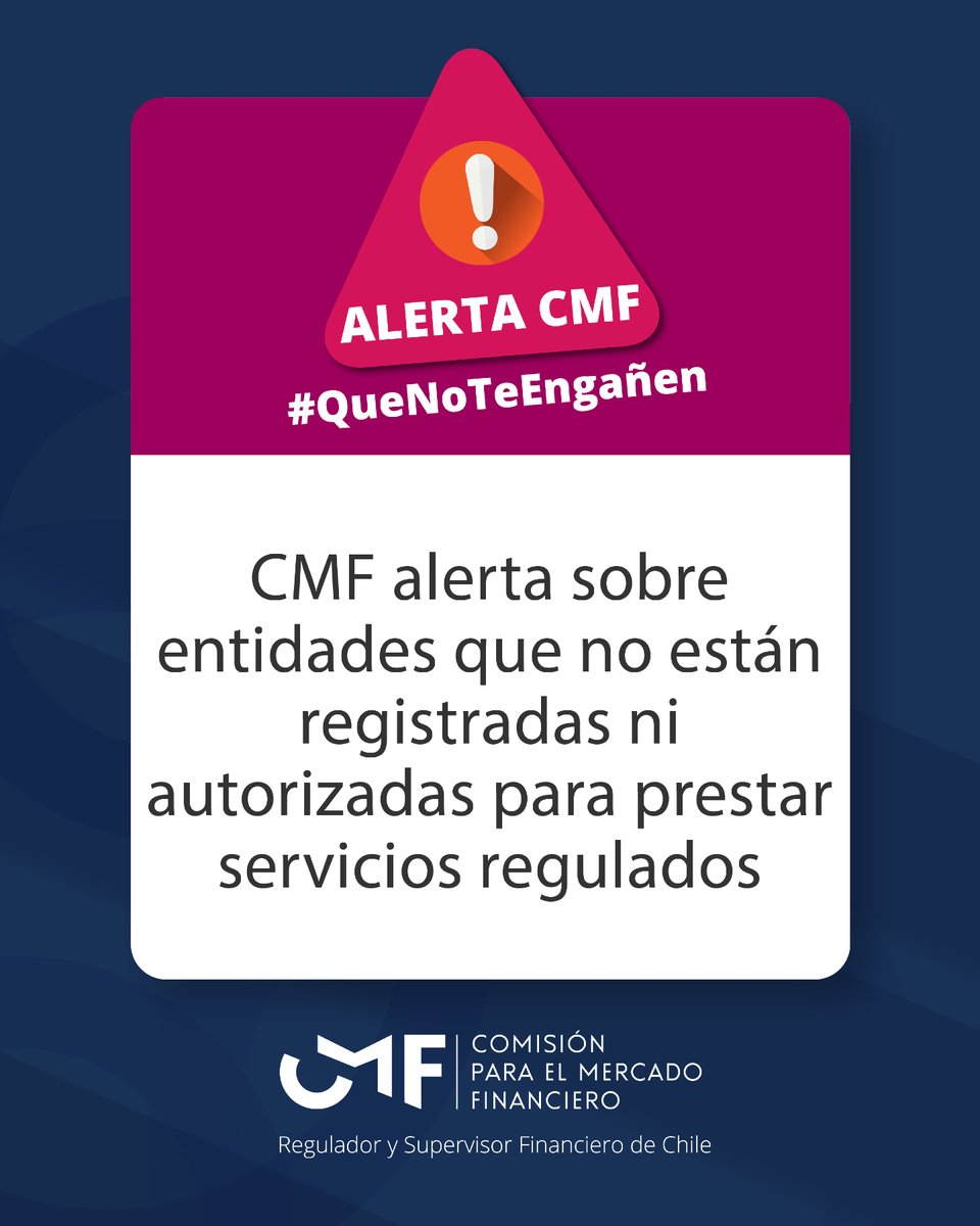 cmfchile_'s tweet photo. #AlertasCMF🚨 | La Comisión para el Mercado Financiero (CMF) informa a inversionistas y al público en general que las siguientes entidades no están registradas ni están autorizadas para prestar servicios regulados. https://t.co/1yLGYYA1oA