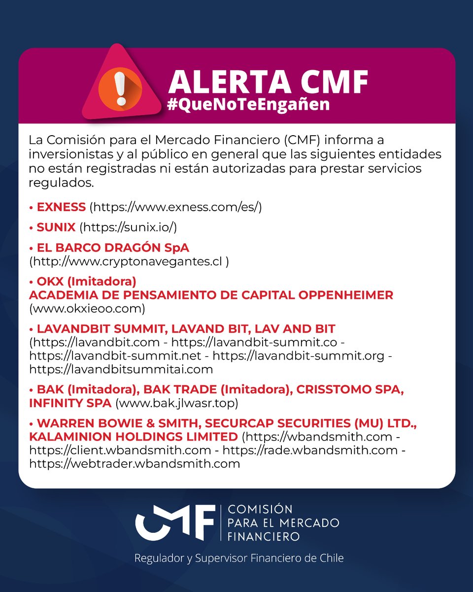 cmfchile_'s tweet photo. #AlertasCMF🚨 | La Comisión para el Mercado Financiero (CMF) informa a inversionistas y al público en general que las siguientes entidades no están registradas ni están autorizadas para prestar servicios regulados. https://t.co/1yLGYYA1oA