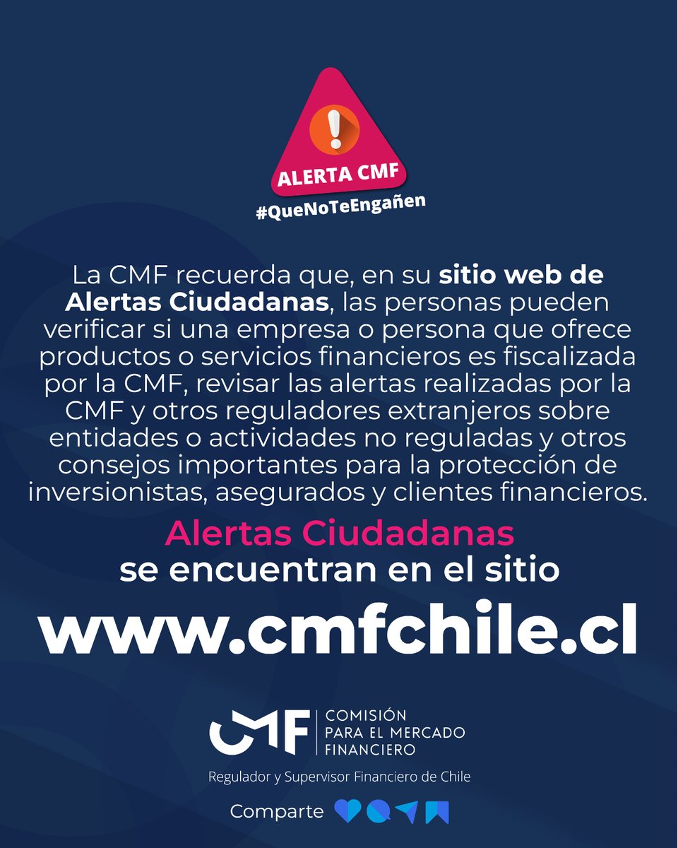 cmfchile_'s tweet photo. #AlertasCMF🚨 | La Comisión para el Mercado Financiero (CMF) informa a inversionistas y al público en general que las siguientes entidades no están registradas ni están autorizadas para prestar servicios regulados. https://t.co/1yLGYYA1oA