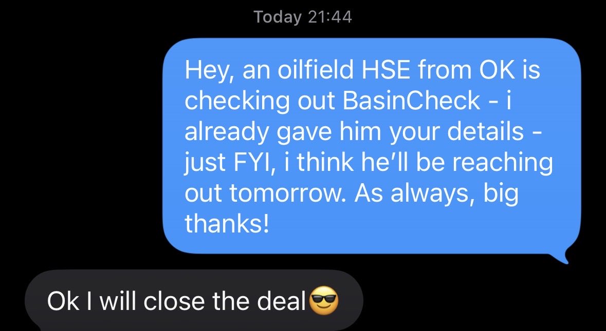 jay_cobski's tweet photo. Ok, I love this. My first customer is already putting in a good word for BasinCheck on behalf of new prospects.
Referral loop at its finest!
#BasinCheck #oilandgas #PermianBasin
@boardyai - how cool is that! https://t.co/qfeoJdqZgF
