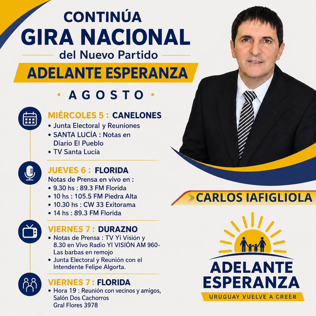 CIafigliola's tweet photo. Continúa gira de nuestro nuevo Partido 
ADELANTE ESPERANZA @adelanteespe 

Esta semana : CANELONES, FLORIDA y DURAZNO .. Ruta 5 al Sur !!! 

Prensa, reuniones, y Juntas Electorales ! https://t.co/M9YAq6Rh0Z