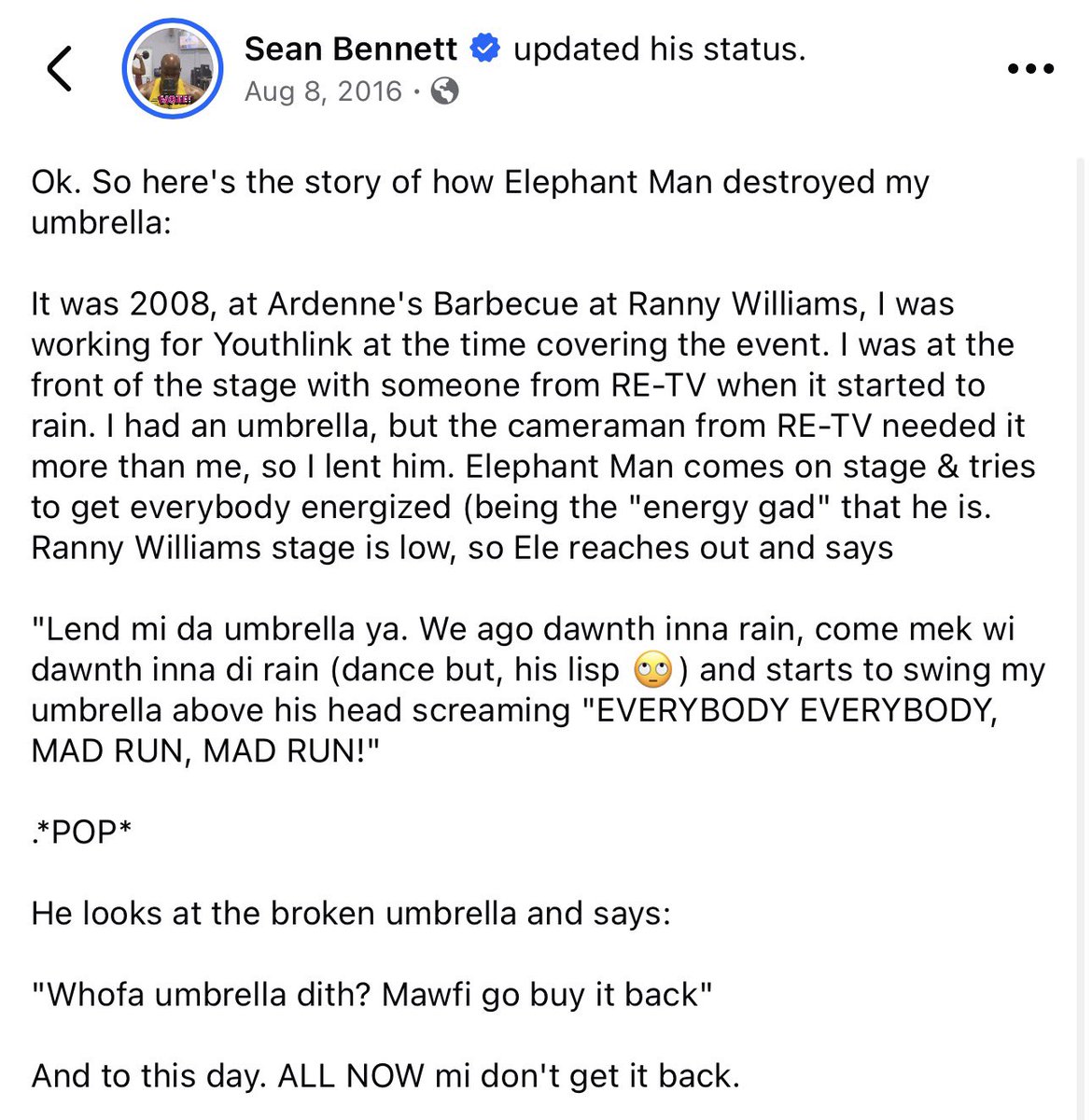 seanab876's tweet photo. I see Elephant Man is a topic of discussion. Great time to bring up how him mash up mi umbrella. https://t.co/om8rg3BhBE
