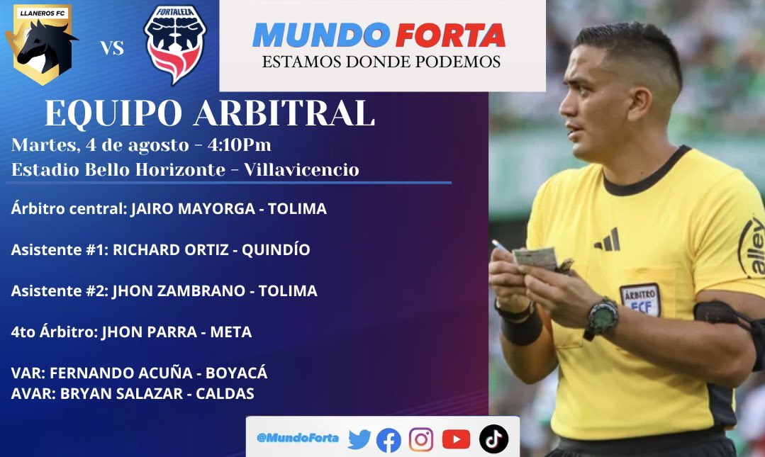 MundoForta's tweet photo. #ARBITROS Jairo Mayorga (Tolima) será el árbitro central del partido: Llaneros FC Vs Fortaleza FC por la tercera fecha de la Liga BetPlay 2026 - ll. 🟡⚫️⚽️🔵🔴
#MundoForta
#EstamosDondePodemos https://t.co/qEck33eZaI