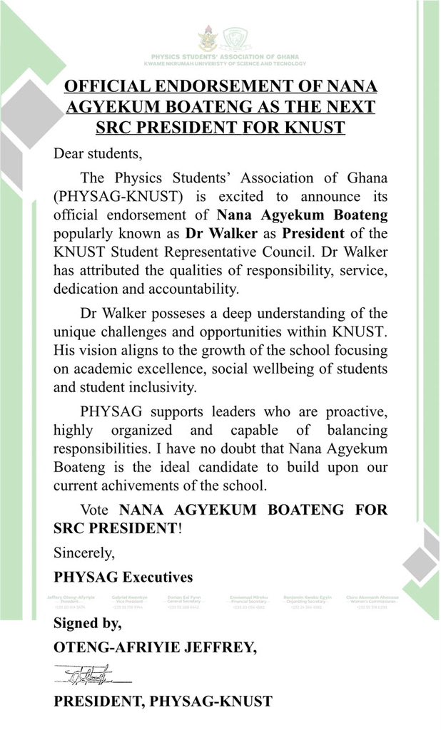 unexgh_official's tweet photo. The Physics Students’ Association of Ghana (PHYSAG-KNUST) has officially endorsed Nana Agyekum Boateng for SRC President, adding fresh backing to his candidature.
#ELECTION360 #KNUST #UNEXGH https://t.co/uOuSreRtrn