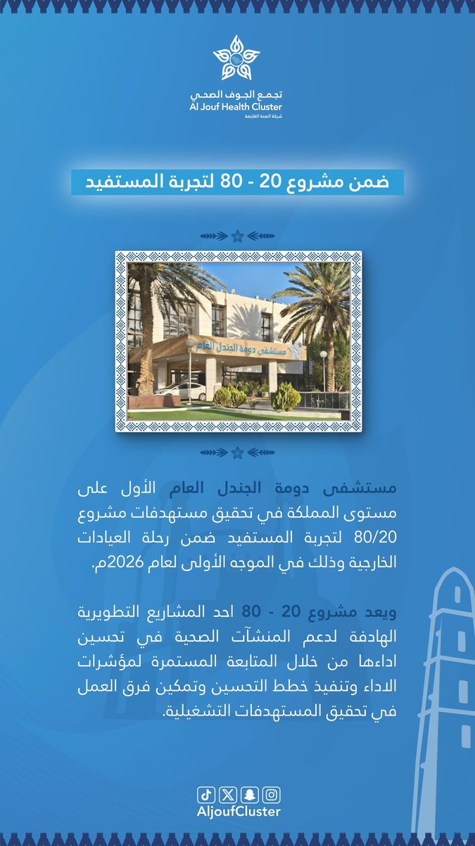 AljoufCluster's tweet photo. #خبر | 🗞️

حقق مستشفى دومة الجندل العام أحد مكونات #تجمع_الجوف_الصحي المركز الأول على مستوى المملكة في مستهدفات مشروع 20-80 لتجربة المستفيد ضمن رحلة العيادات الخارجية للموجة الأولى لعام 2026 ، في إنجاز يعكس التميز في جودة الخدمات وتحسين تجربة المستفيد.

#جوفنا_صحي https://t.co/0Swz1thz6v