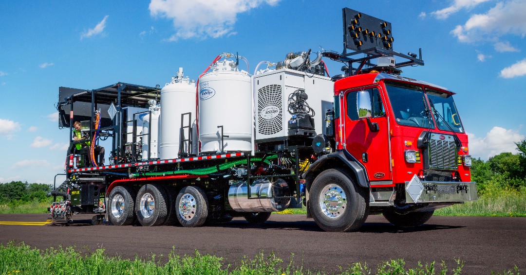 PeterbiltGroup's tweet photo. Meet the impressive Peterbilt 520 in action, laying down crisp stripes for our August calendar spotlight! 🚚 #AllstatePeterbilt #Peterbilt #Model520 https://t.co/zzPiywpWVu