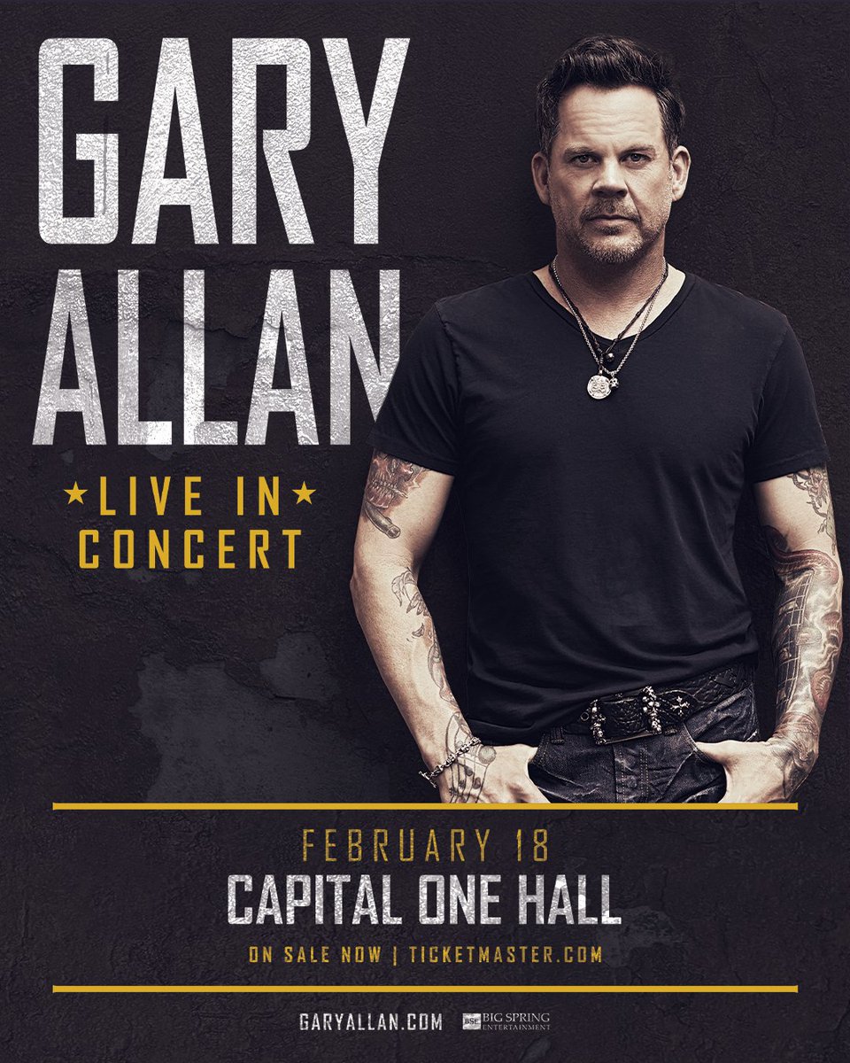 CapitalOneHall's tweet photo. Due to unforeseen circumstances, @GaryAllan’s show at Capital One Hall in Tysons, VA, on August 22 is moving to February 18, 2027. All current tickets will be honored for the new date. If you are unable to make the new date, refunds will be available at the point of purchase. https://t.co/M8xiDTHKIJ