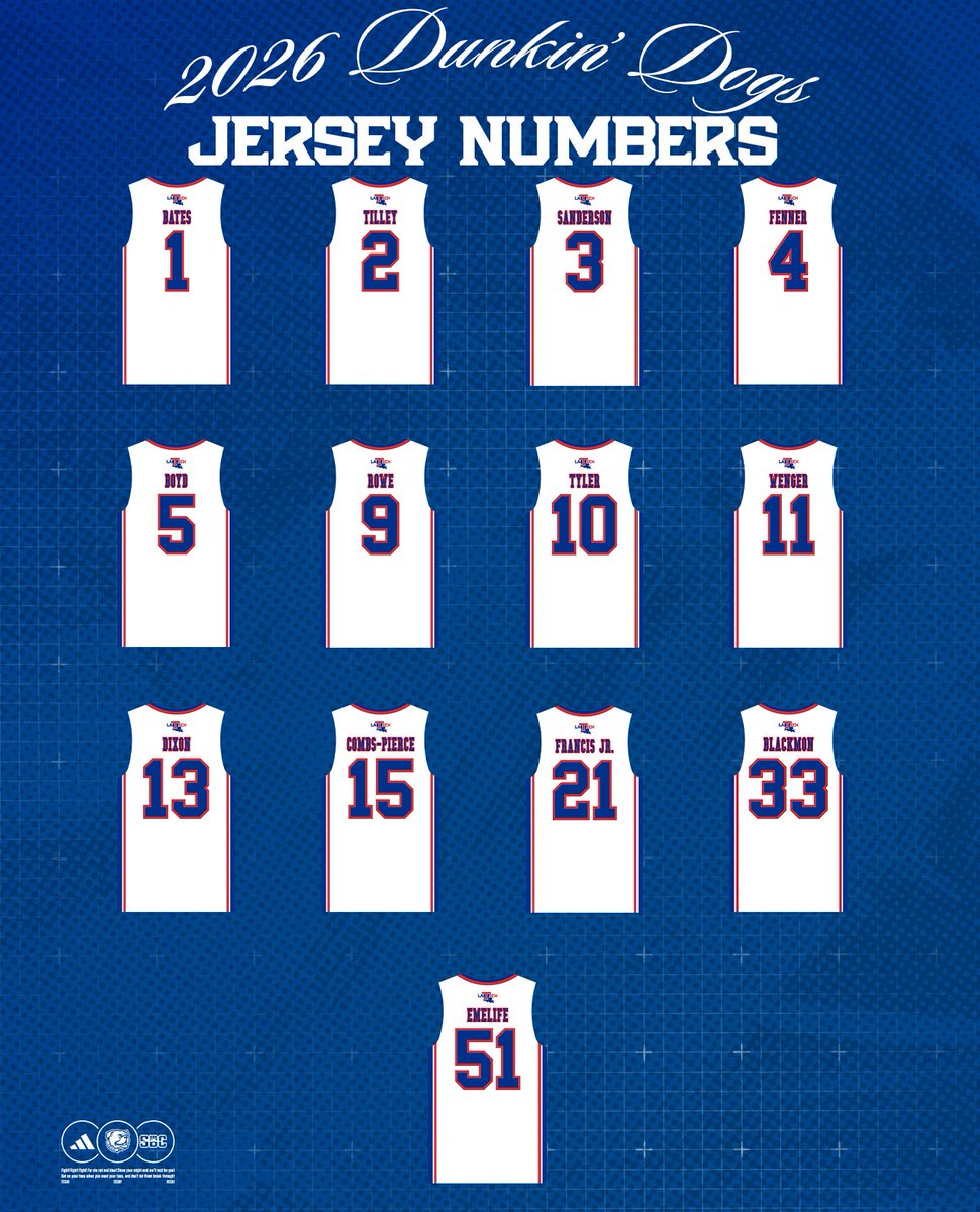 LATechHoops's tweet photo. The official numbers of your 2026-27 Dunkin’ Dogs ✅

#HBTD | #BarkLouder https://t.co/B7ULeTFVkq