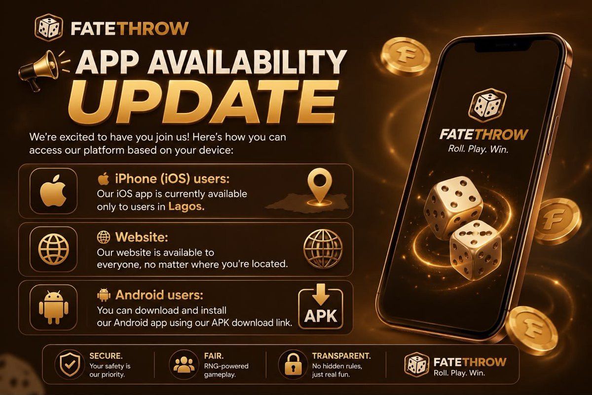 fatethrow's tweet photo. Update from the Fate Throw team 📣
We're expanding access step by step. iOS is live in Lagos, Android is available via APK, and the website is open to everyone regardless of location.
More regions coming soon.
18+ | Know your limits. https://t.co/lTsgWXcsQh