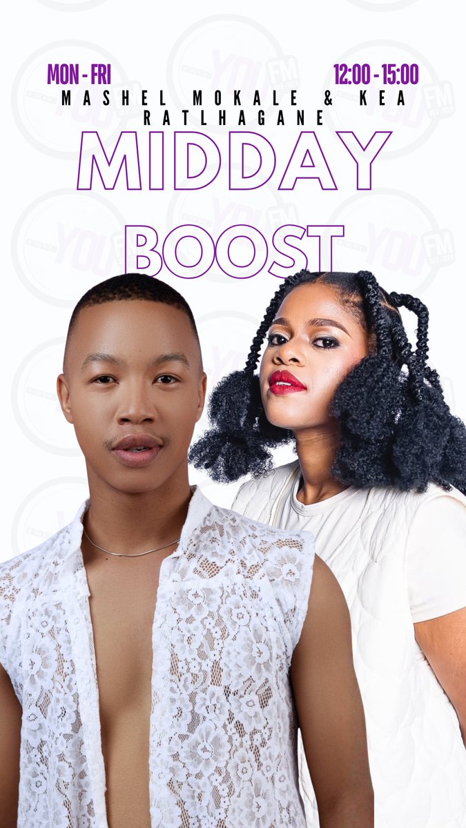 YOUFM898's tweet photo. #MiddayBoost | Mashél Mokale & Kea Ratlhagane
Recharge your afternoon with fun conversations, entertainment updates, and music you'll love.
Stay connected on 89.8–103.9 FM, DStv Channel 842, and the #YOUConnect App. https://t.co/6GoiWdaZyk