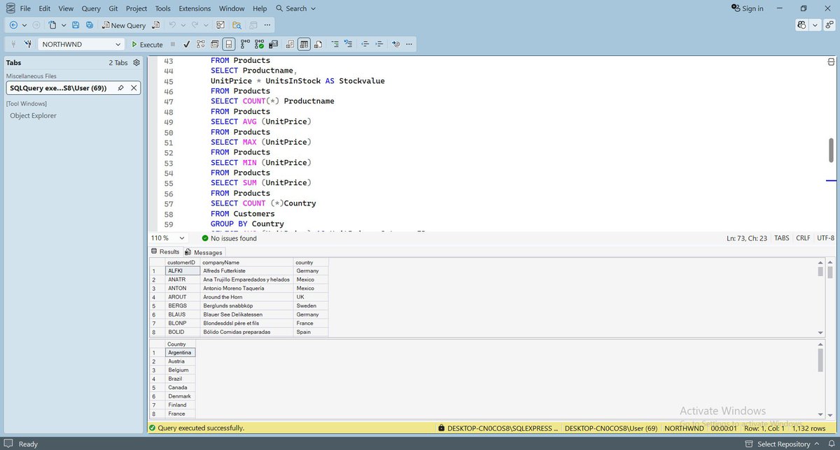 adefolayemi20's tweet photo. Day 2 of building in public
I explored how to interact with a database using some SQL syntax I learnt today: SELECT, FROM, WHERE, LIKE, DISTINCT, ORDER BY, IN, and aggregate functions.
#buildinpublic
#SQL
#dataanalytics
#techjourney https://t.co/EtKrUG9hGl