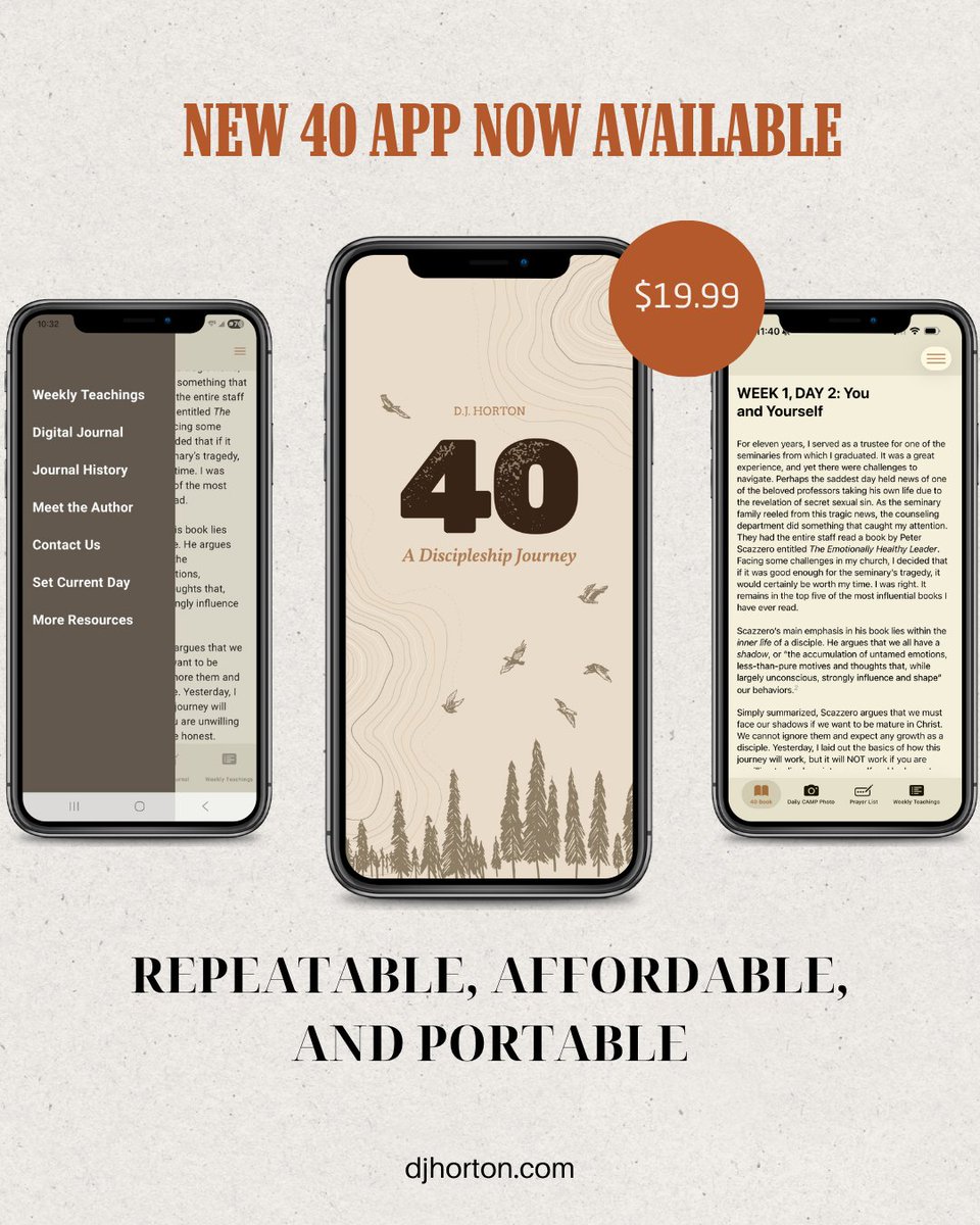 DJ__Horton's tweet photo. I am so excited to share that my discipleship books, 40: Part 1 and 2, have been turned into an app! 40:Discipleship contains the full content of both books and can be repeated as you continue discipling others. It’s available for iOS and Android phones, and the pricing is half of what you would pay for hard copies of both books. You can’t beat portable, affordable, and repeatable. 

Download the app, invite someone to join you, and start the journey today! Find out more here: https://t.co/0fHJ0ZTFJX
