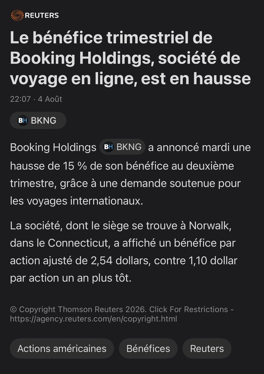 Unknown_trdg's tweet photo. 📈 Booking frappe encore fort.

✅ BPA attendu : 2,43 $ → 2,54 $
✅ CA attendu : 7,19 Md$ → 7,352 Md$

Une nouvelle publication au-dessus des attentes, la demande dans le voyage reste solide. Les machines à cash ne s’arrête pas !🚀

$BKNG #Booking #Bourse #Investissement https://t.co/JXMeeYHOEP