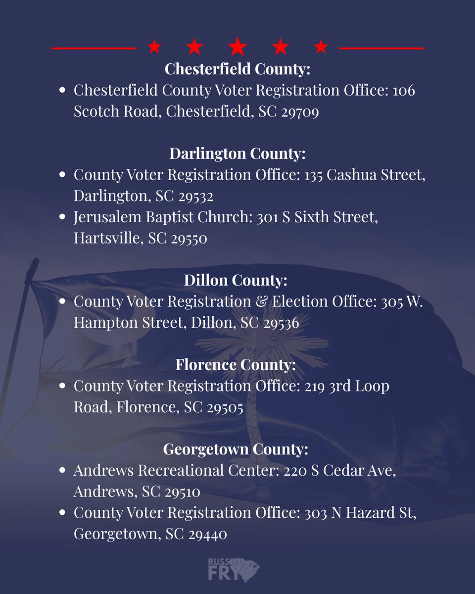 RepRussellFry's tweet photo. 🗳️Early Voting in the U.S. Senate primary begins TOMORROW! Make a plan and go vote.

Polls are open August 5-7 from 8:30 AM-5 PM.

Bring a valid photo ID.

For more information on your early voting polling location visit: https://t.co/x2yi1D5feL https://t.co/Fv2wTAPfxM