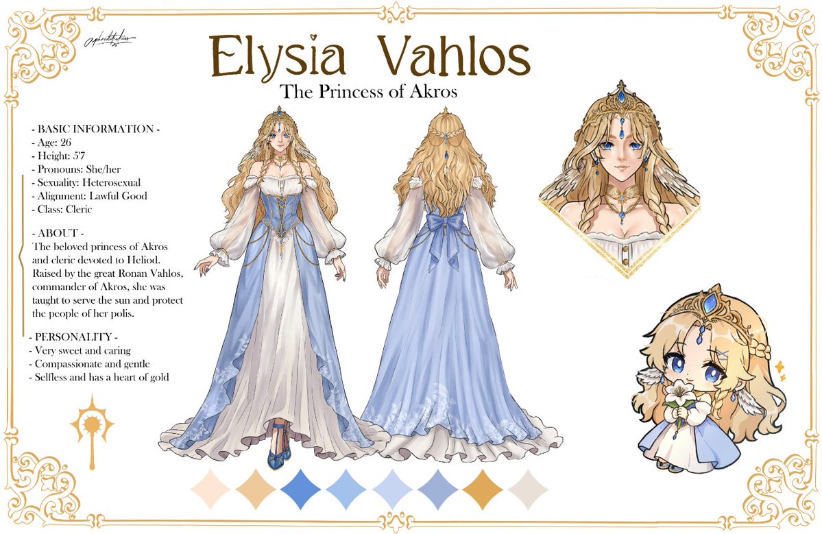 Aphroditeskxss's tweet photo. Completed my first ever commission!! 
Meet the princess, Elysia Vahlos! 

I had a wonderful time designing her and putting this character sheet together. Thank you for trusting me with your girly <3

#artcommission #characterdesign #digitalart #fantasyart #ocart https://t.co/jU0nRLXFUC