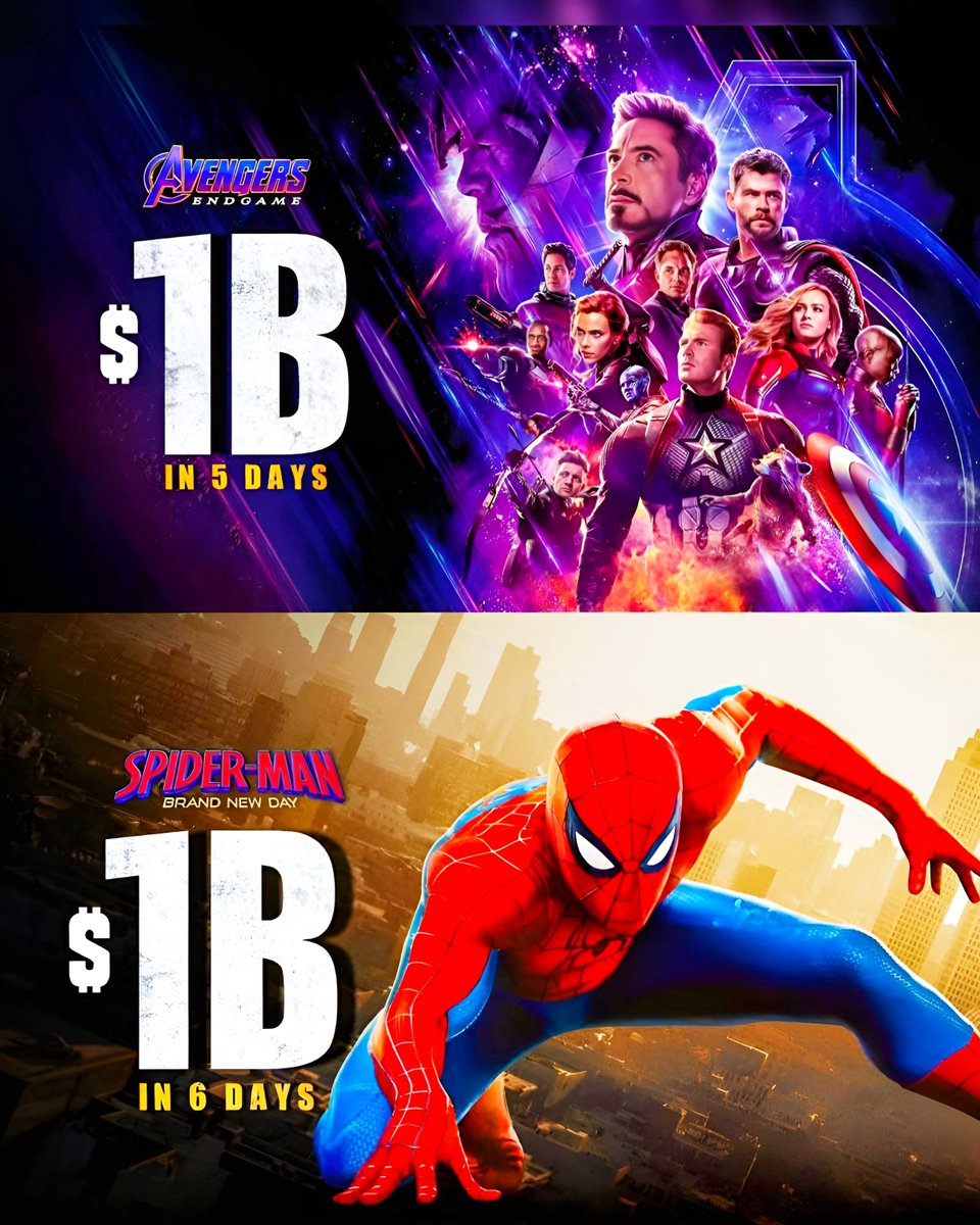 A2CVIBES26's tweet photo. ‘SPIDER-MAN: BRAND NEW DAY’ has officially crossed $1 billion at the global box office in just 6 days.

The blockbuster reached the milestone just one day behind ‘Avengers: Endgame’, cementing its place among the fastest billion-dollar films in history. https://t.co/2qPARYgogm