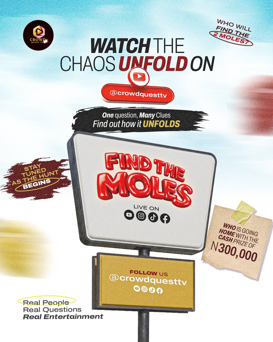 507creativestud's tweet photo. Social media campaign design for CrowdQuest TV's 'Find the Moles' 🎭 Flyers, teasers, and call-for-participants — all built to hype the hunt. Need a campaign like this? DM me. #graphicdesign #507creativestudio https://t.co/STM4vn6IcU