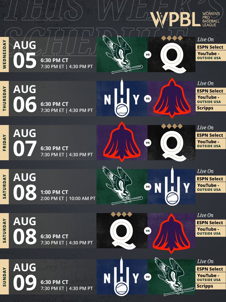 wpbl_official's tweet photo. WEEK 2 SCHEDULE

Opening Weekend was one for the history books, but the 2026 WPBL Inaugural Season is just getting started! 

Get tickets to witness the action in person, or watch live on ESPN Select, Scripps Sports Network (select games), and YouTube (outside USA).
https://t.co/wzzqAwDpiy
