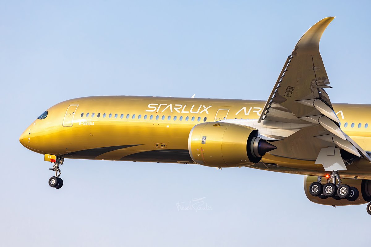 Frenchpainter's tweet photo. #Airbus #A350 Starlux with #Airsorayama gold livery landing in #Toulouse at golden hour after a three-hour photo and video flight over the Pyrenees and the Atlantic coast. 🇹🇼 #Taiwan https://t.co/0eVGlXFf1K