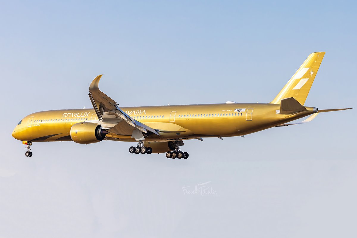 Frenchpainter's tweet photo. #Airbus #A350 Starlux with #Airsorayama gold livery landing in #Toulouse at golden hour after a three-hour photo and video flight over the Pyrenees and the Atlantic coast. 🇹🇼 #Taiwan https://t.co/0eVGlXFf1K