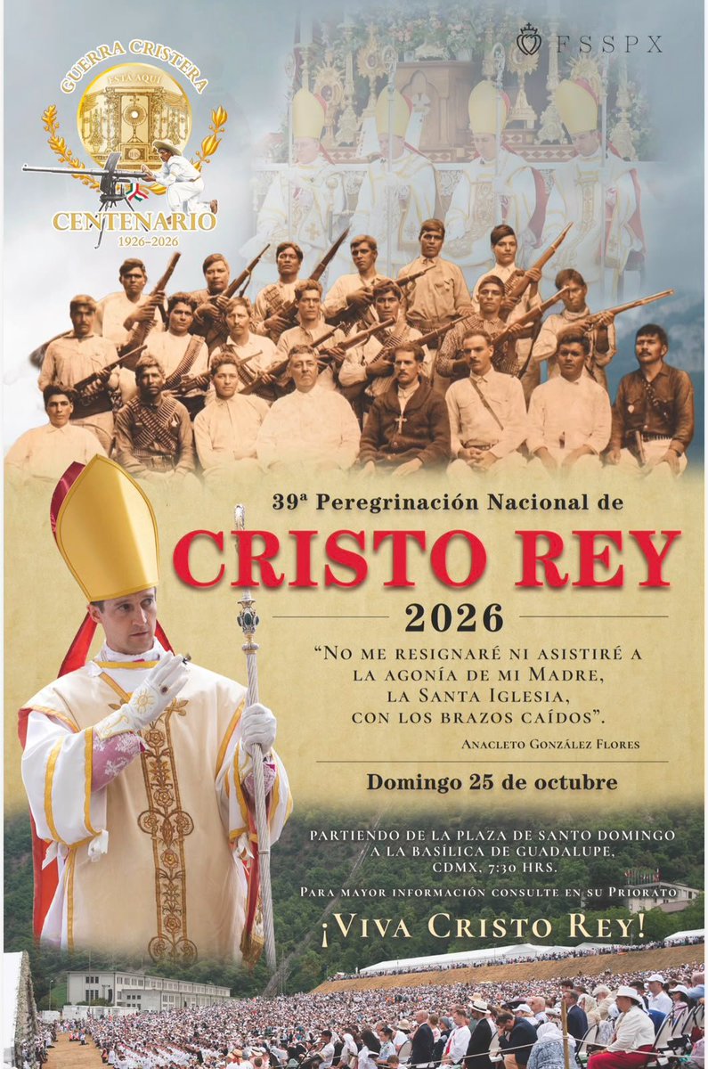 spinerau3's tweet photo. 39a. PEREGRINACION NACIONAL DE CRISTO REY 2026. CELEBRANDO 100 AÑOS DEL INICIO DE LA GUERRA CRISTERA, TOTALMENTE OCULTADA POR LA #MASONERIA, CON EL OBJETIVO DE BORRAR LA MEMORIA HISTÓRICA.
HOY EMULAMOS A SANTA JUANA DE ARCO, CRISTERA FRANCESA, A LOS MÁRTIRES DE LA VENDÉE FRANCESA, A LOS MARTIRES GUILLOTINADOS EN LA ÉPOCA DEL "TERROR" FRANCÉS🇫🇷 , A LOS MARTIRES DE LAS MULLTIPLES GUERRAS CRISTERAS MEXICANAS COMENZANDO CON LAS GUERRAS ENTRE "LIBERALES Y CONSERVADORES MEXICANOS" EN SU APOGEO FUE LA "GUERRA DE REFORMA" LA PRIMERA GRAN GUERRA CRISTERA MEXICANA🇲🇽, Y A POSTERIORI LAS GUERRAS CRISTERAS DEL SIGLO 20 DESDE 1926 A 1929 Y LUEGO VARIAS GUERRAS HASTA 1940, MÁS DE 40 MIL CATOLICOS MEXICANOS MARTIRES ASESINADOS POR LA FRANCMASONERIA, BRAZO EJECUTOR DEL ENEMIGO. 
CASI AL MISMO TIEMPO,LA LLAMADA "GUERRA CIVIL ESPAÑOLA" FUE UNA GUERRA CRISTERA EN LA QUE LOS "ROJOS" COMUNISTAS ESPAÑOLES (LA MAYORÍA DE LA TRIBU) MEDIANTE ÓRDENES DE STALIN, QUISIERON SOMETER A LOS CATÓLICOS ESPAÑOLES AL COMUNISMO, ELIMINANDO RELIGIOSOS (AS), DINAMITANDO IGLESIAS Y TEMPLOS, ASI COMO CONVENTOS Y MONASTERIOS🇪🇸