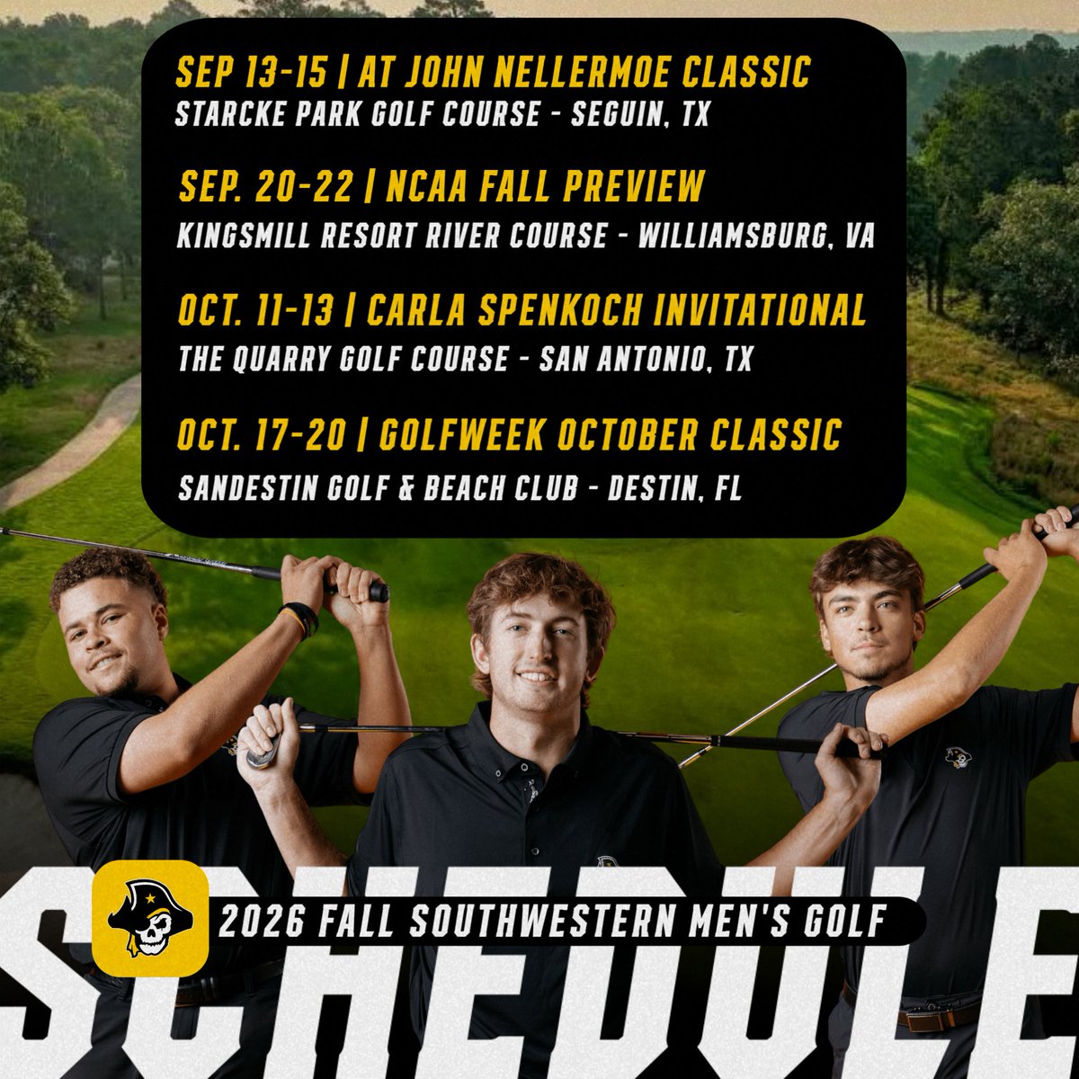 SUPirates's tweet photo. The Southwestern Men's Golf fall slate is set, taking on tournaments in three different states! Stay tuned👀🏴☠️
#GoPirates https://t.co/vrr4T6JO8H