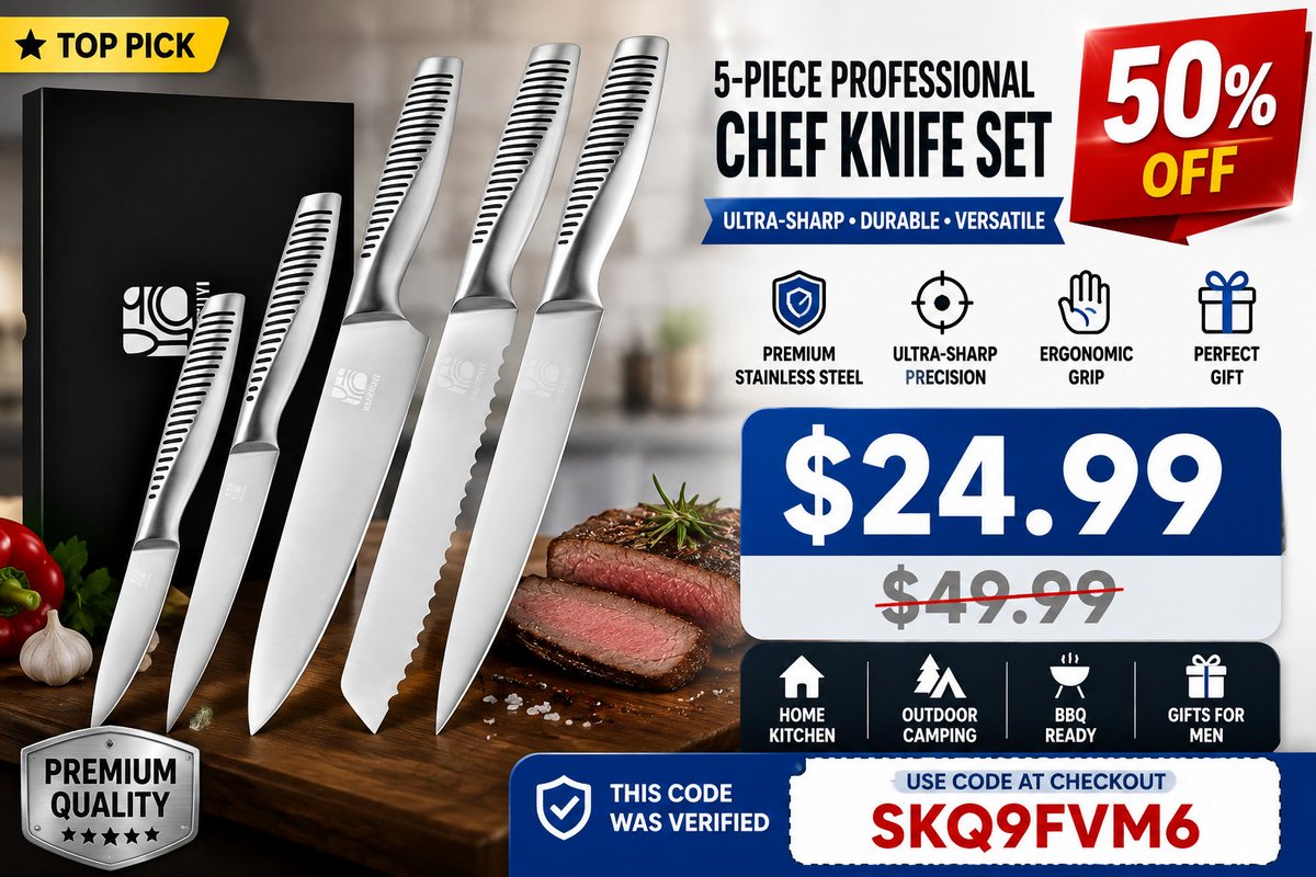 AmazonBBZ's tweet photo. 5-Piece Chef Knife Set

Only $24.99 (50% Off)
Use Code: SKQ9FVM6

🔗 Link: https://t.co/aoKOd3r7e0 https://t.co/JqmdPRFiCt