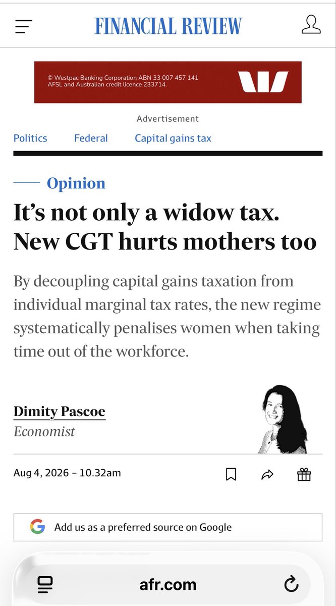 GeoffWilsonWAM's tweet photo. New #CGT to impact all Australian Mothers. 
Excellent piece by Dimity Pascoe.
This new insane CGT regime introduced by @JEChalmers & @AlboMP is not only a widow tax it systematically hurts mothers who scale back work to care for children.
Same gain, tax bill up 138% in one example.
Women already hold 40% less wealth. This makes it worse. Where is @DavidPocock @spenderallegra et al ? Or do they just let all Australian mothers suffer? https://t.co/q6RCiOotRk