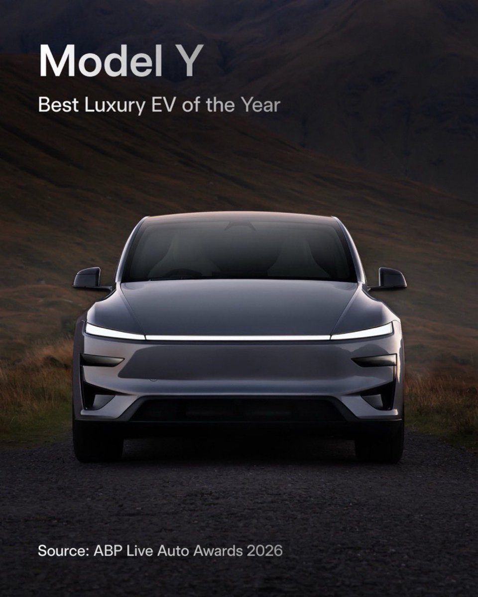 AllTeslas's tweet photo. The Model Y has been named the best luxury electric vehicle of 2026 by the ABP Live Auto Awards in India. 🏆

Receiving this recognition in a market as competitive and fast-growing as India’s reinforces the perception of the Model Y as a benchmark for electric luxury, beyond its sales volume. 🔥

Awards like these will help boost Tesla’s sales in India. 🇮🇳 
#Tesla
