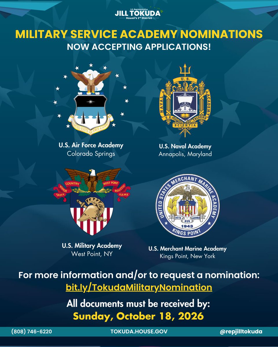 RepJillTokuda's tweet photo. My office is now accepting submissions for Military Service Academy Nominations through Sunday, October 18, 2026. For more info on application submissions, please visit https://t.co/SUTJcfBquw or contact my office at (808) 746-6220. https://t.co/41gm3NzRmv