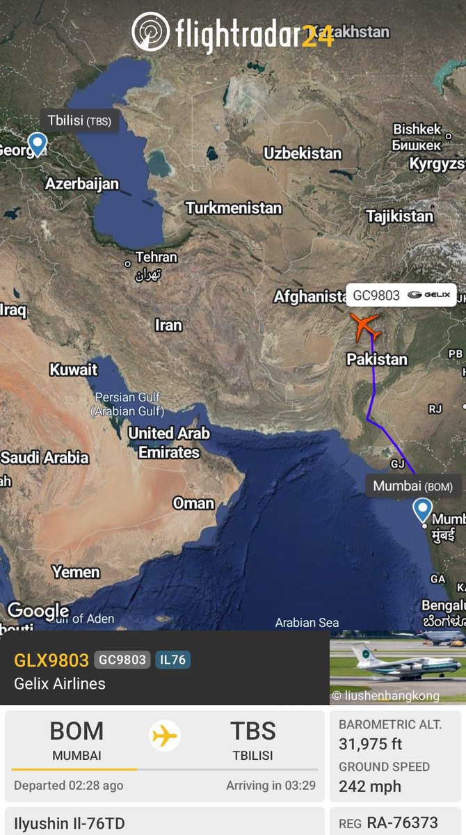 Borrowed7Time's tweet photo. @sipjack1776 @thereccelizard @LadyAstroJet Gelix Airlines IL-76TD RA-76373 #152A55 as GLX9803 en route from Mumbai to Tbilisi.
@sipjack1776 @thereccelizard @LadyAstroJet https://t.co/o2igV1j01c