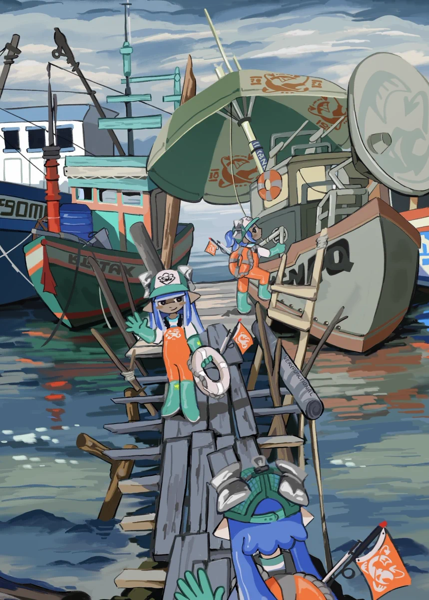 Digital painting of a rustic boat dock made of wooden planks. An inkling in a classic orange gloopsuit stands in the middle, waving at the arrival of another inkling. An octoling in the background is boarding the Grizzco boat. (Fanart for the Nintendo game Splatoon 2)