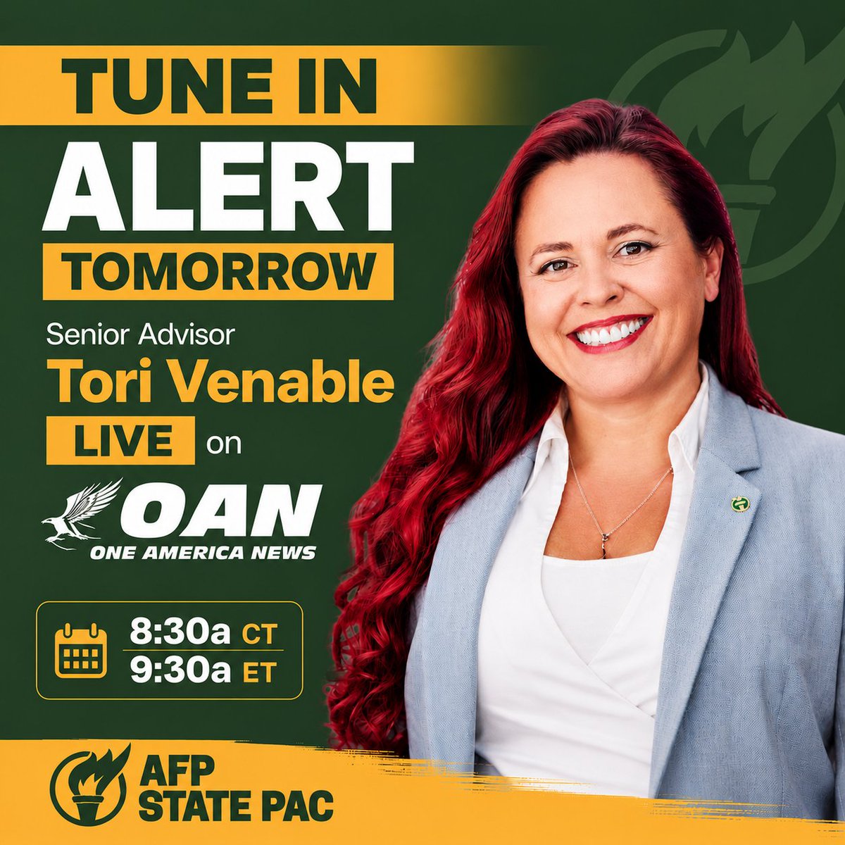 AFPTN's tweet photo. Senior Advisor for @AFPStatePAC @ToriVen will be on @OANN with @AlexCammarata_ tomorrow at 8:30a/9:30a to talk about all things Tennessee and the upcoming election on THURSDAY.  You don't want to miss it! 🎙️📺🗽🧡 https://t.co/cPddVsK187