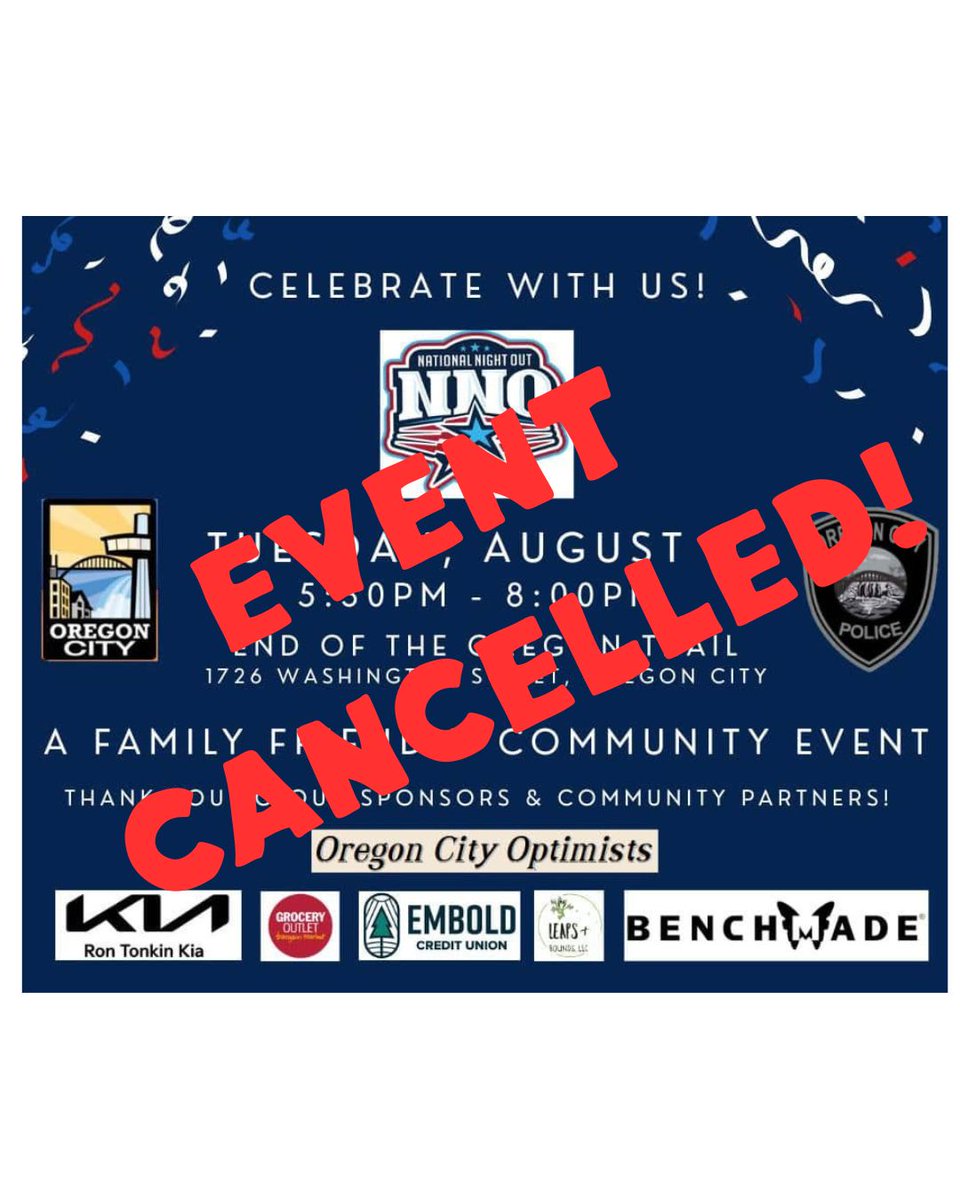 OCPolice's tweet photo. Due to the worsening weather conditions, tonight's National Night Out event has been cancelled.
Tonight's Movies in the Park event has also been cancelled. https://t.co/OFHlmCwikj