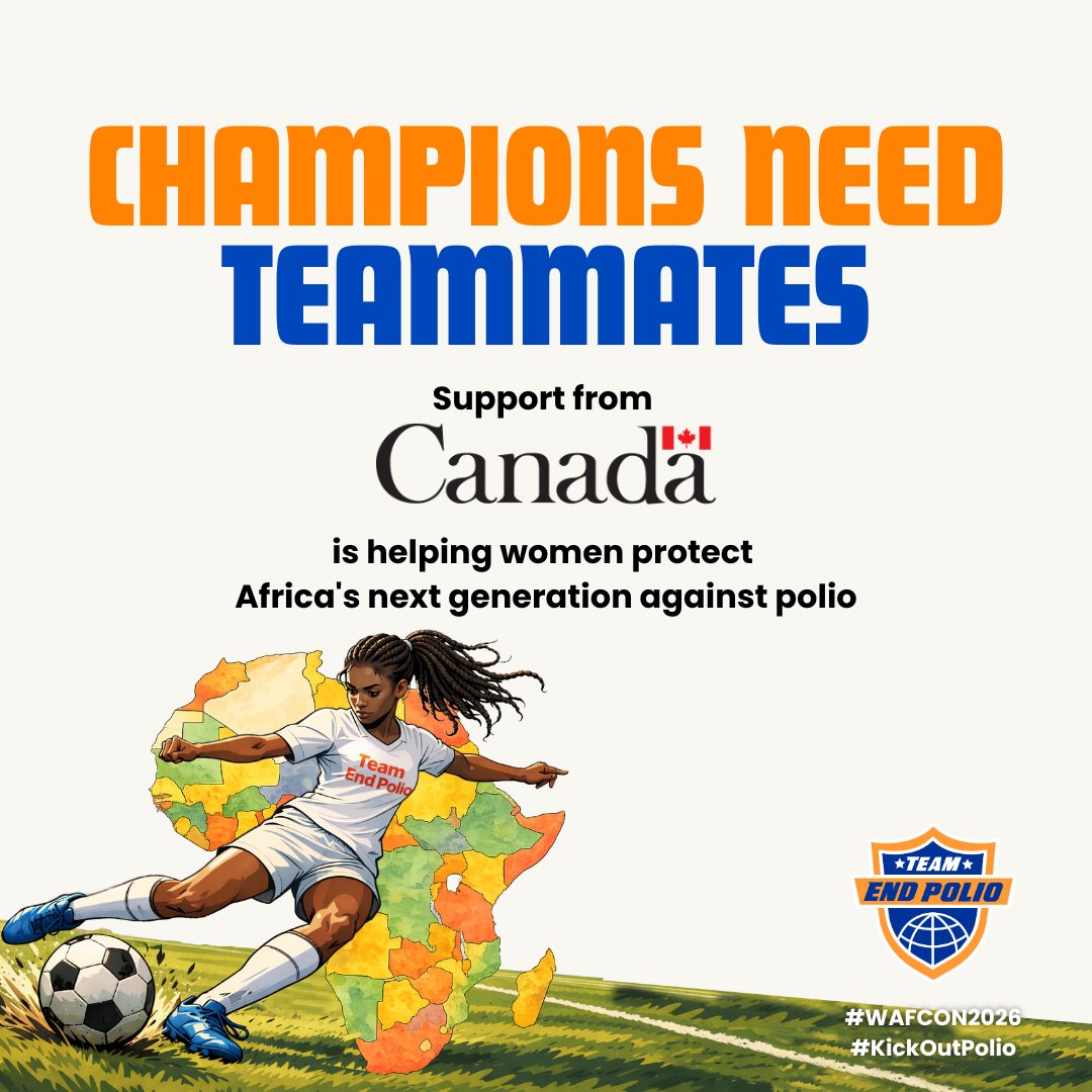 KentPage's tweet photo. #KickOutPolio: Women are changing the game in football and in health.

With the support of @CanadaDev, we're helping build stronger health systems and healthier futures for children.

#TeamEndPolio  #WAFCON2026 https://t.co/8z4enAiYke