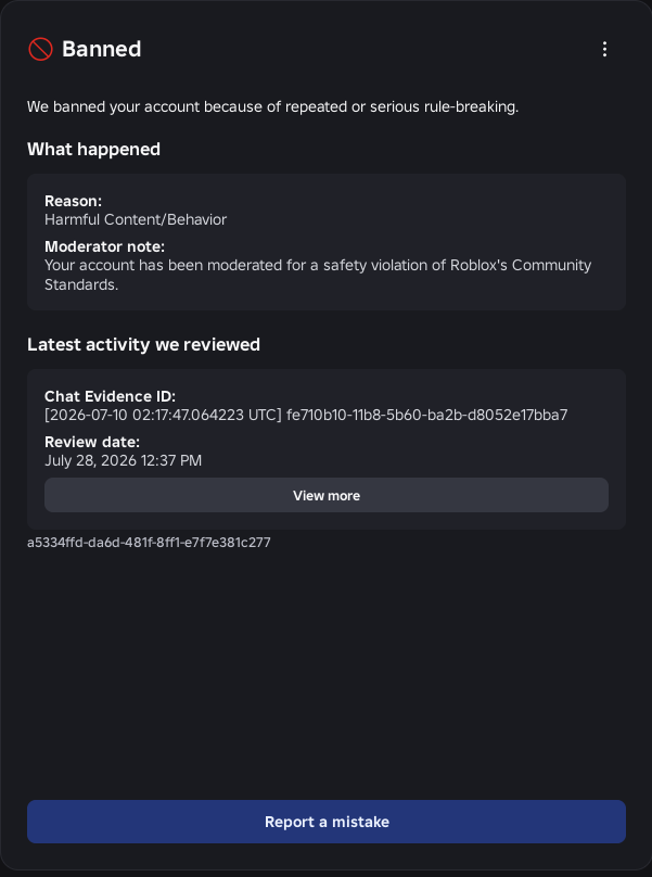 Gabriel66765664's tweet photo. @tiffikan @Roblox @Roblox @DavidBaszucki
It's now my 5th business day waiting for a response to my appeal. I believe my account was wrongly terminated, and after almost 8 years on the platform, I just want a fair human review. Please take another look.
username: gabriel2106200
displayname: Koshi https://t.co/19g4M571VK