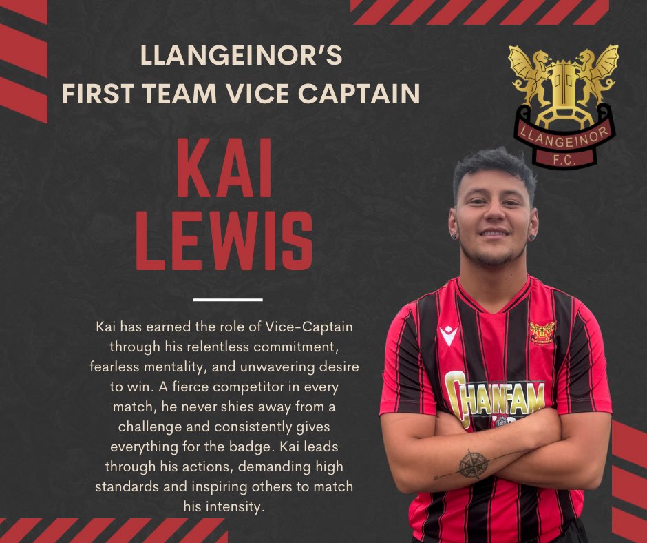 LlangeinorFC's tweet photo. 𝗖𝗟𝗨𝗕 𝗔𝗡𝗡𝗢𝗨𝗡𝗖𝗘𝗠𝗘𝗡𝗧🚨

The club is pleased to announce that Harry Davies will be the new Club Captain for the 26/27 season. 

The club is also pleased to announce that Kai Lewis has been appointed First Team Vice Captain. 

Congratulations lads🤝 

#UppaLlan🔴⚫️ https://t.co/LfzvTuMBmk