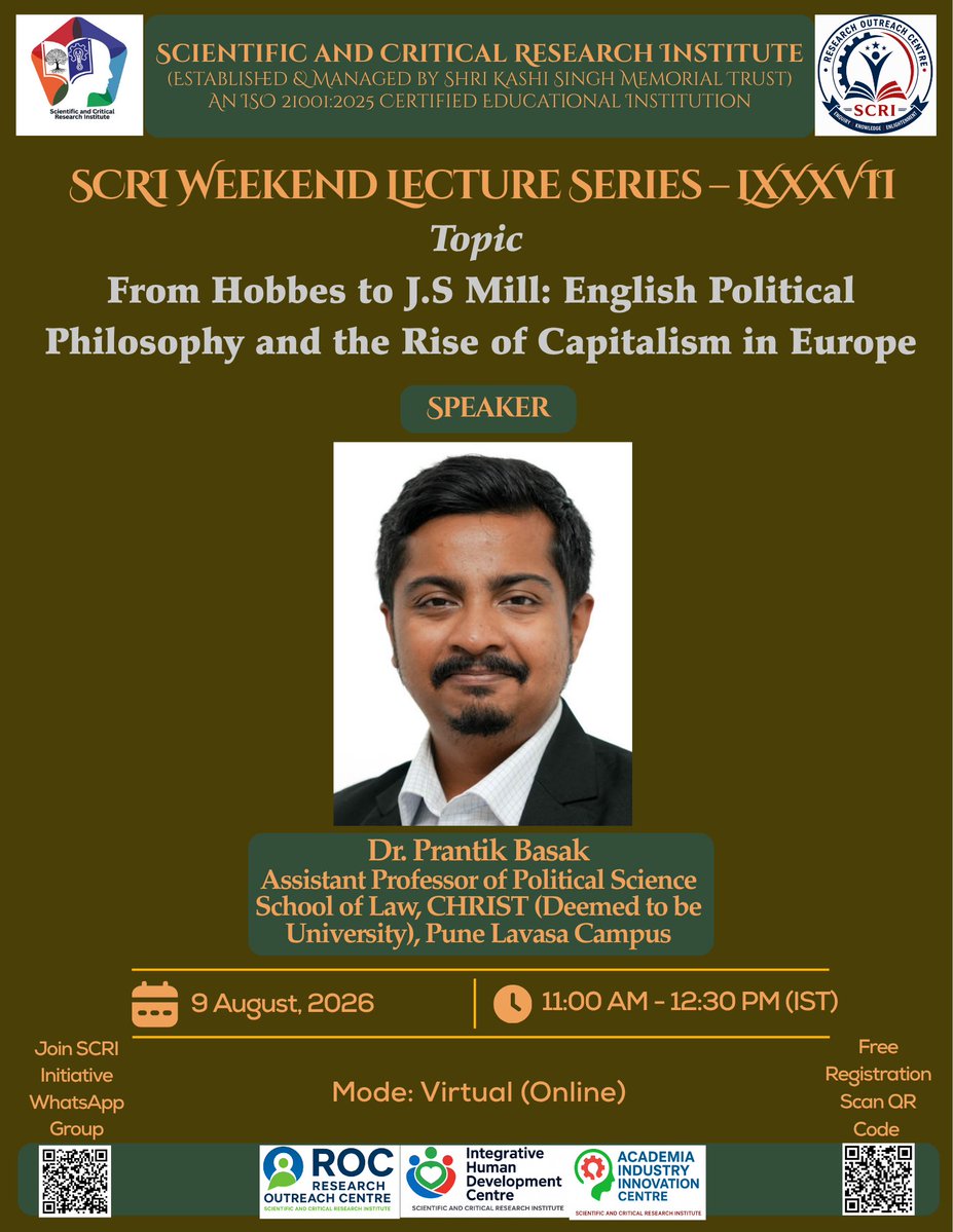 scri_official's tweet photo. 📢 Join SCRI Weekend Lecture Series - LXXXVII 

🎤 Speaker: Dr. Prantik Basak, CHRIST (Deemed to be University), Pune Lavasa Campus

🎯 Topic - From Hobbes to J.S. Mill: English Political Philosophy and the Rise of Capitalism in Europe

#SCRI #SCRIKolkata #ResearchOutreachCentre https://t.co/7a23ziWBVz