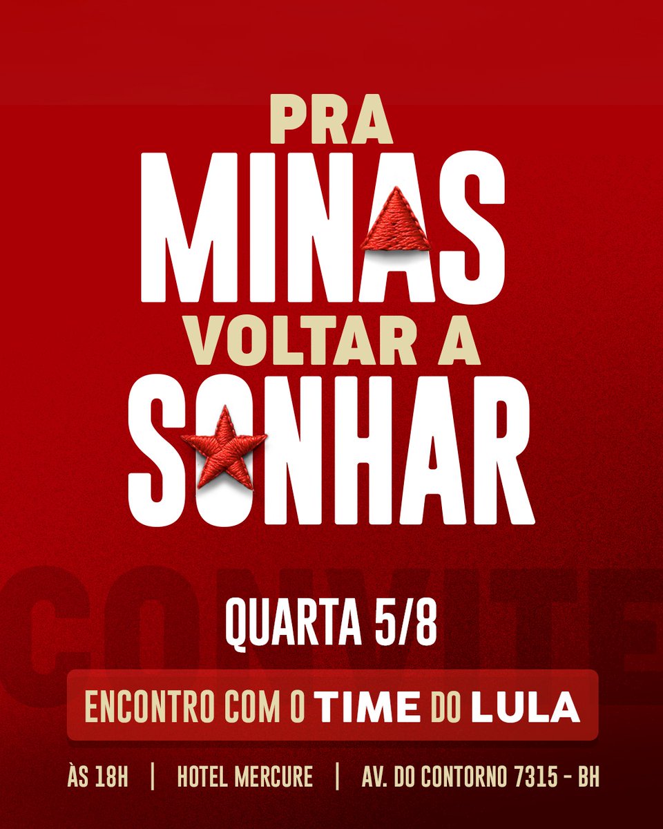 Patrus_Ananias's tweet photo. É com imensa alegria que convidamos vocês para conhecer o time do Lula em Minas: eu, @mariliacamposmg  e todo o grupo que vai lutar junto por um novo tempo para o nosso estado.

Minas tem história, tem força e tem motivo de sobra pra sonhar de novo. Vem com a gente!

📍 Hotel Mercure — Av. do Contorno, 7315, BH
 🕕 18h
 📅 Quarta-feira, 05/08