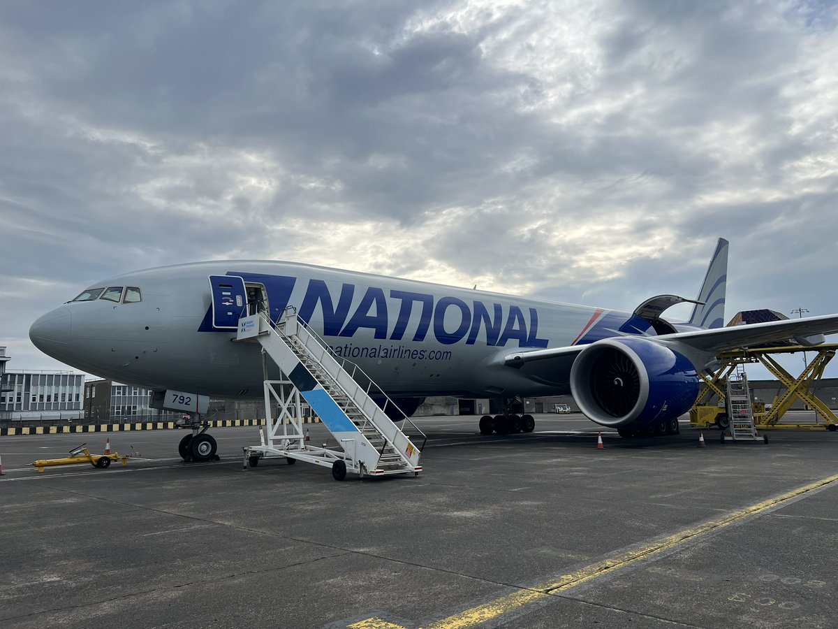 GoNationalAir's tweet photo. We are proud to have achieved what is believed to be the world’s longest commercial B777F flight for another airline, operating nonstop from Prestwick to Melbourne (9,849 nautical miles completed in 19:23 hrs). Thank you to our customer Golden Aviation for their support! #B777 https://t.co/RTGXkGIH8i