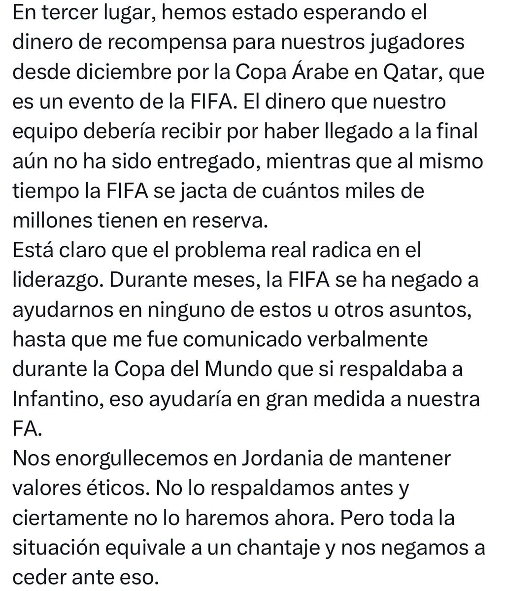 AlbertOrtegaES1's tweet photo. El comunicado entero del presidente de la Federación de Fútbol de Jordania donde denuncia el chantaje de Infantino a cambio de brindarle su apoyo.

Es durísimo. https://t.co/C8qKERBX6w