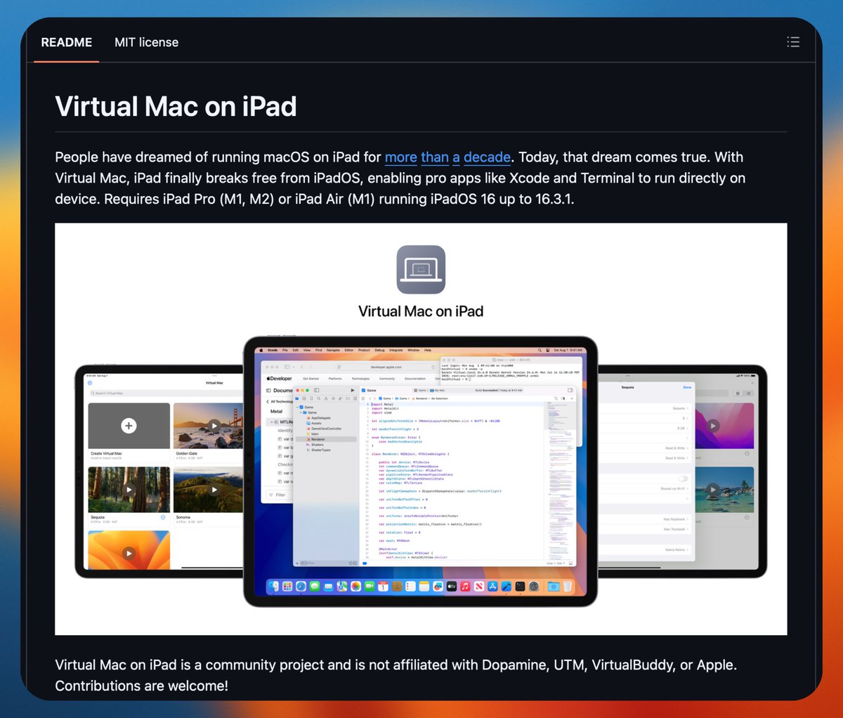 Sn0wbrave's tweet photo. شخص نشر مشروع مفتوح المصدر يتيح تشغيل macOS على iPad.

Virtual Mac on iPad يوفر بيئة macOS افتراضية على أجهزة iPad المدعومة، مما يسمح بتشغيل تطبيقات مثل Xcode وTerminal مباشرة على الجهاز. https://t.co/cDWwSab2i7
