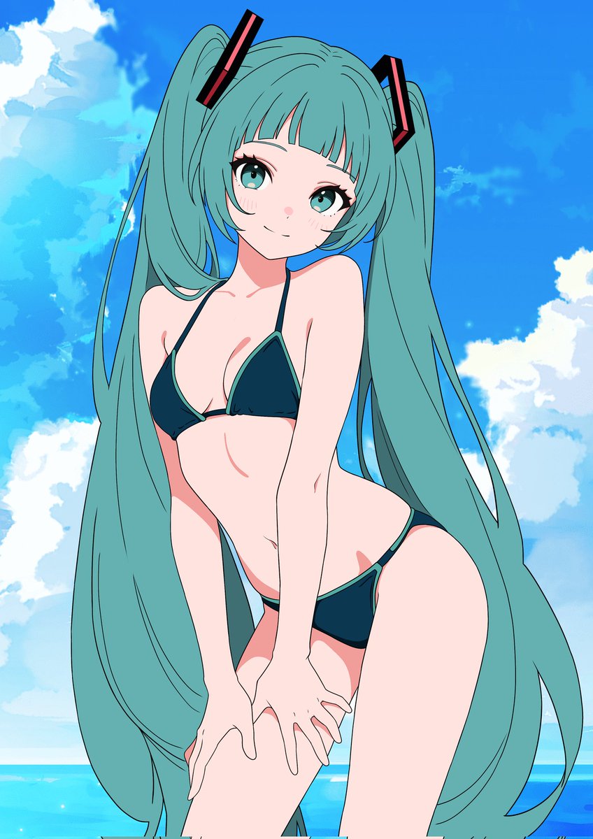 3iFNuGEejzfYWXy's tweet photo. 【ミクのアトリエ】
ぱっつん水着

爺　「線画のときはもっとこう…」
ミク『気に入らないの？』
爺　「影、入れた方が良かったかなと」
ミク『今後の課題ね』

【初音ミク】
#初音ミク
#初音ミクイラスト
#イラスト
#illust https://t.co/b0w1b2NGqb