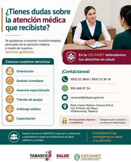 CECAMETTab's tweet photo. ¿Tienes dudas sobre la atención médica que recibiste?

En la CECAMET te orientamos y te brindamos servicios gratuitos para ayudarte a resolver inconformidades relacionadas con la atención médica, de manera profesional, imparcial y confidencial.
Acércate a nosotros. https://t.co/vH5HVgP9jd