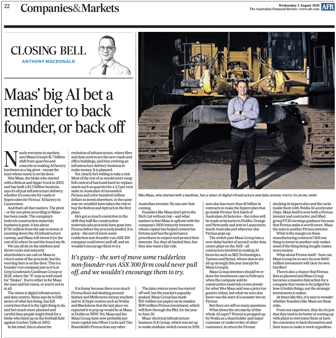David_TaskerIR's tweet photo. When does backing a proven founder become conviction - and when should investors start asking harder questions?

@amacfirst’s thought-provoking piece in @FinancialReview examines Wes Maas’ bold move into AI infrastructure.

Big opportunity, big risk - and a timely reminder that founder vision must be balanced with disciplined execution and accountability.

Read more and subscribe at https://t.co/VH4NbgPUQq