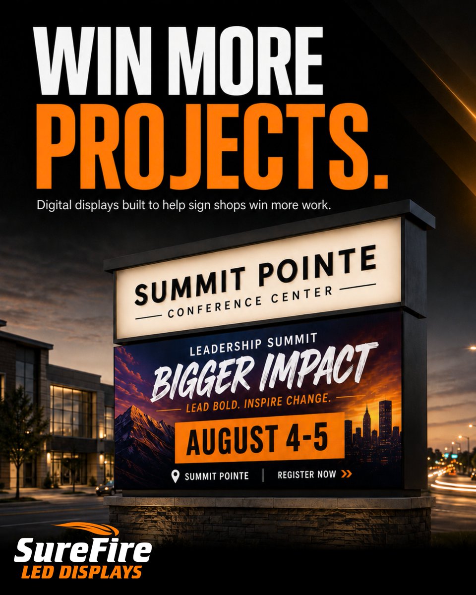 SureFireSignInc's tweet photo. 🔥Win more digital projects with a manufacturing partner that's built to support you.
Premium LED displays. Responsive factory support. Designed, engineered, and assembled in Missouri.
→ See why professionals nationwide partner with SureFire.
#SignIndustry #SignShop https://t.co/xVbvrwW1Sz