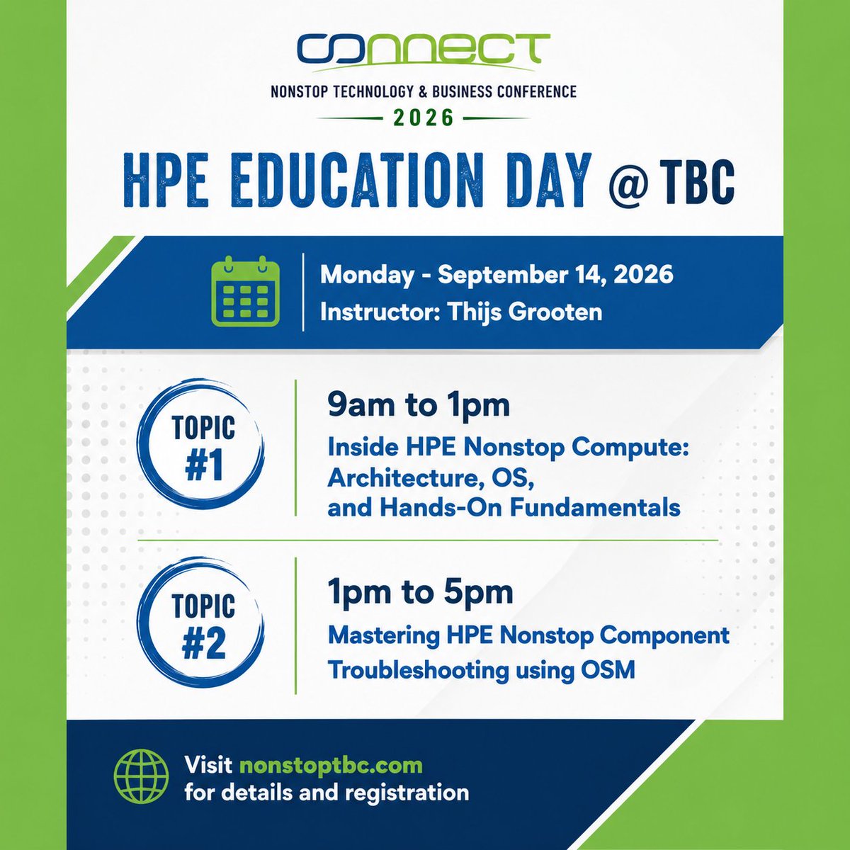 Connect2NonStop's tweet photo. Start your #NonstopTBC2026 experience by joining the HPE Education Day on Sept. 14.   Register by Aug 14 to ensure the group rate. https://t.co/HufnmLWhOr #HPENonstop #HPE #TechTraining https://t.co/djO19wOpmP