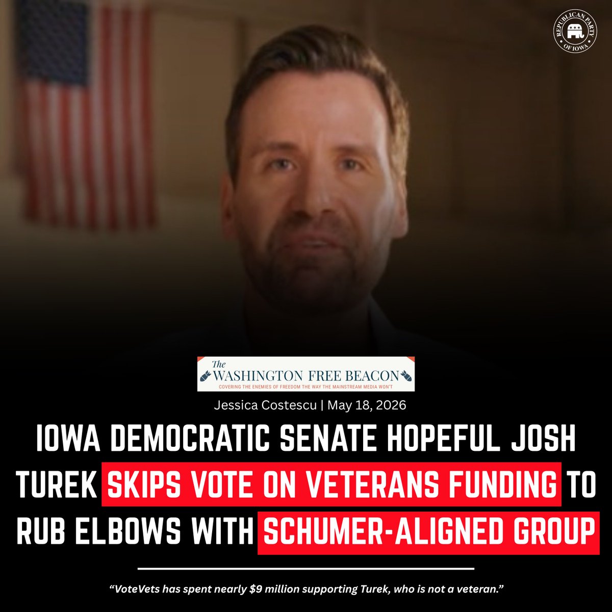 IowaGOP's tweet photo. .@turek4iowa skipped a vote to fund the Iowa Department of Veterans Affairs so he could attend a happy hour fundraiser with a Schumer dark money super PAC.

Wrong priorities. Wrong choice for Iowa. #IASen
https://t.co/WGM6vM3UnR https://t.co/nGzM89CbjI