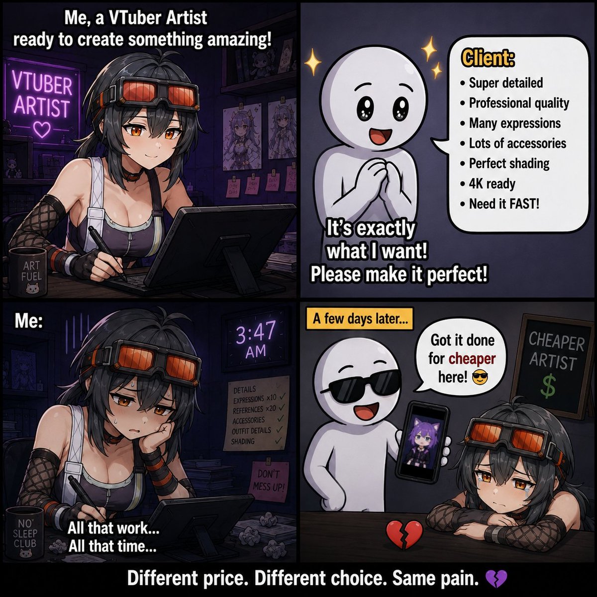Mekaylas_World's tweet photo. The funniest part isn't losing the client. It's spending hours discussing every tiny detail just to hear 'I found someone cheaper 🤡' I genuinely don't understand why an artist's skills, experience, quality, and hard work get ignored so easily...Quality has a cost for a reason!! https://t.co/Esy4fhyYAA