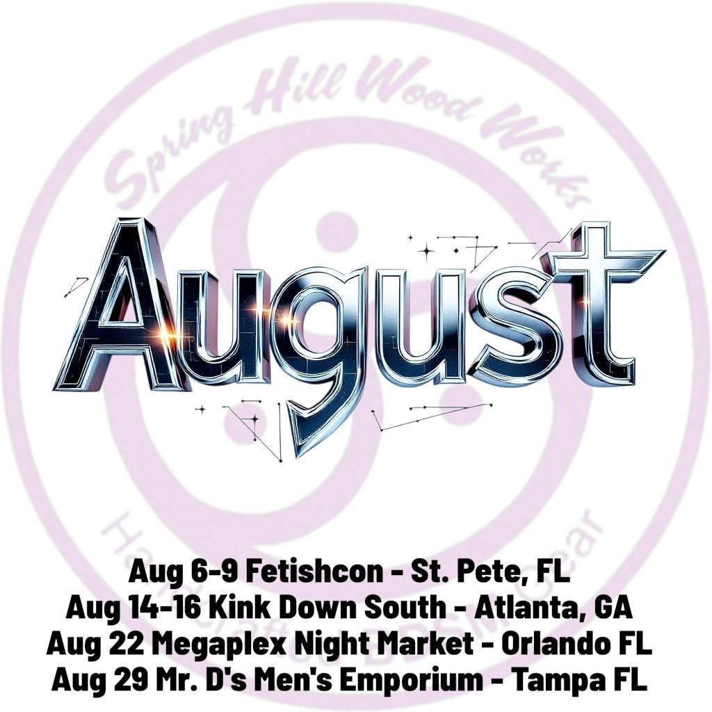 hill_works's tweet photo. Welcome to August and the heat is on.
@hill_works is on the move again!! Come see us at any one of the great locations and add a little heat to your play time.

#smallbusiness #handmade #leather #kinky #fetish #OuchIsNotASafeWord #paddle #flogger #harness https://t.co/BnS8ACZwXA